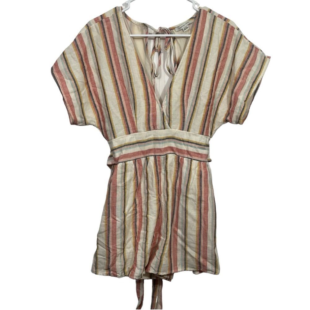 American Eagle Striped V-Neck Neutral Romper